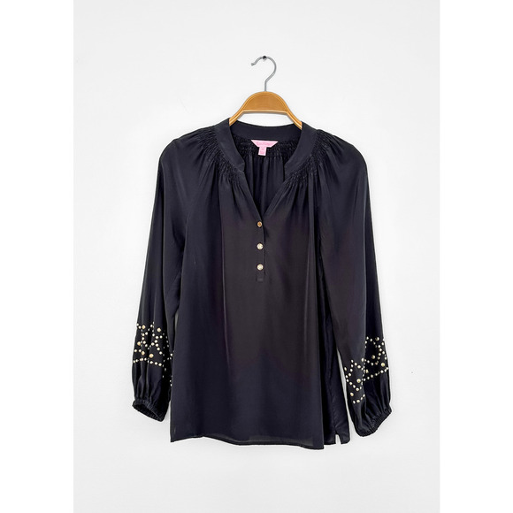 Lilly Pulitzer Tops - Lilly Pulitzer Elsa Black Silk Gold Stud Sleeve Top size XS